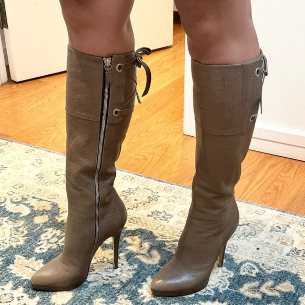 8.5 Casadei Taupe Leather Knee High Boots Made in Italy Chic Elegant Fashion